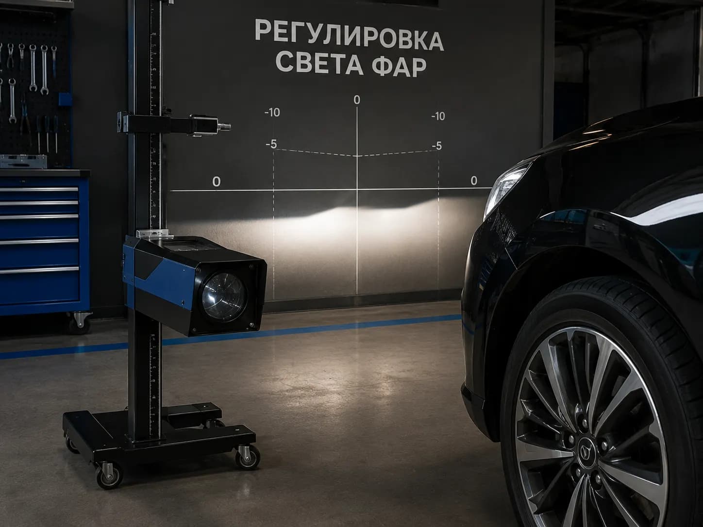 Проверка и настройка светового пучка автомобильных фар для легкового автомобиля