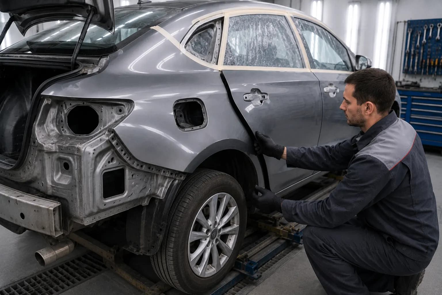 Установленное и окрашенное заднее крыло автомобиля после кузовного ремонта