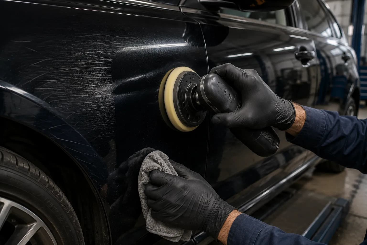 Удаление мелких царапин полировкой с кузова автомобиля в автосервисе Домодедово