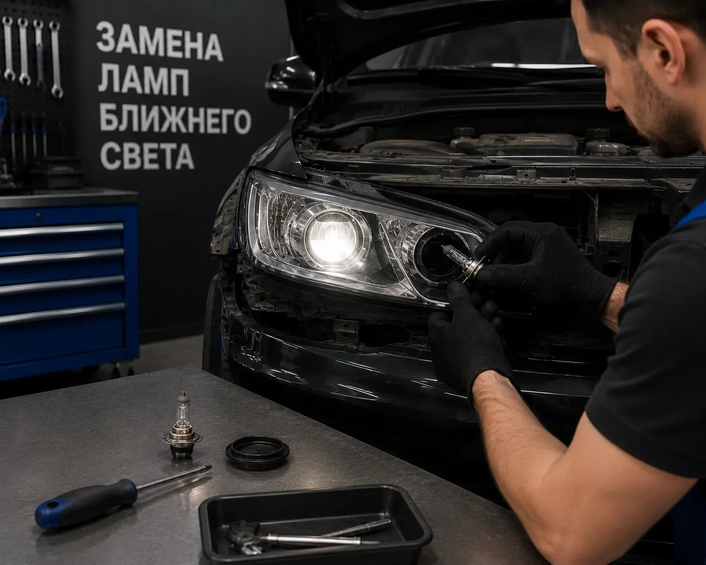 Мастер устанавливает новую лампу ближнего света в фару легкового автомобиля
