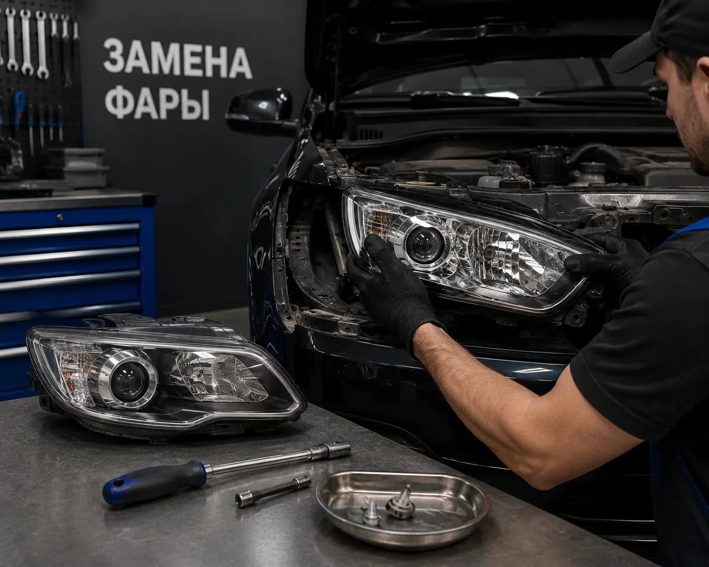 Установка новой автомобильной фары с проверкой светового пучка в Автосервисе ВИСТ