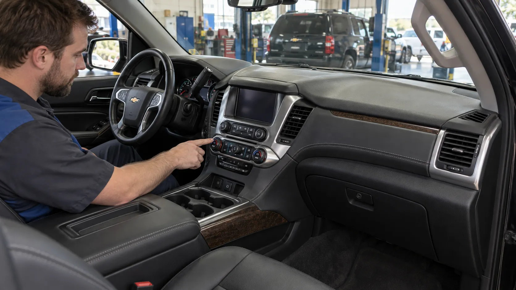 Механик проверяет органы управления климатом в салоне Chevrolet Tahoe четвёртого поколения