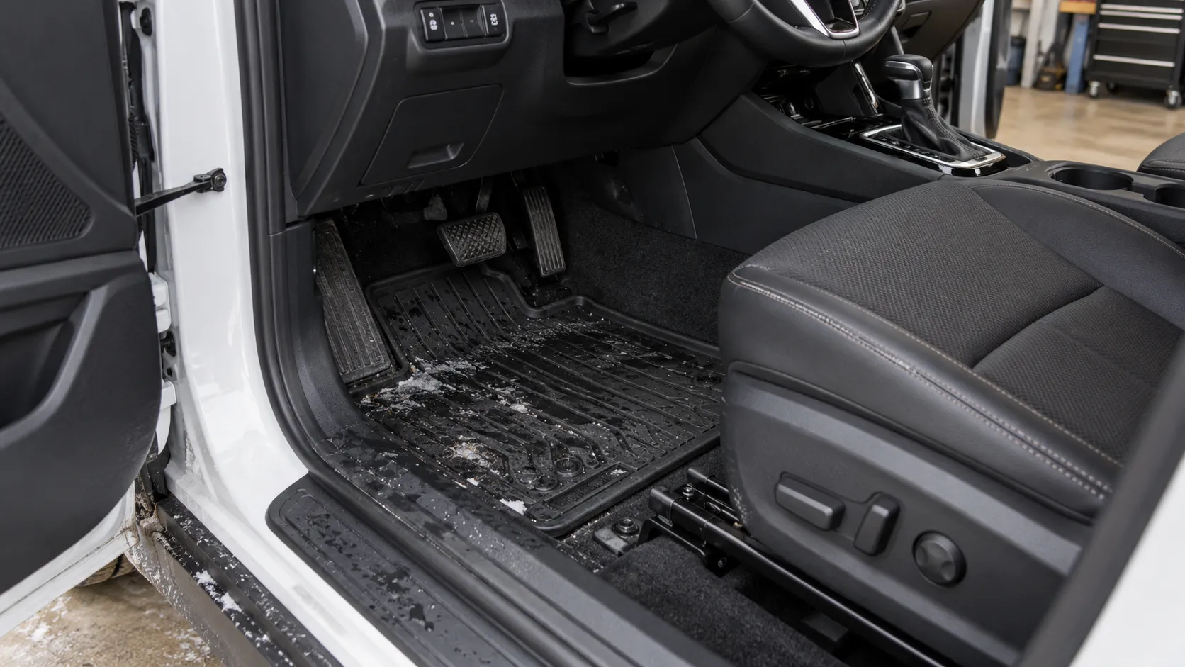 Открытая водительская дверь Kia Seltos и пространство у переднего сиденья