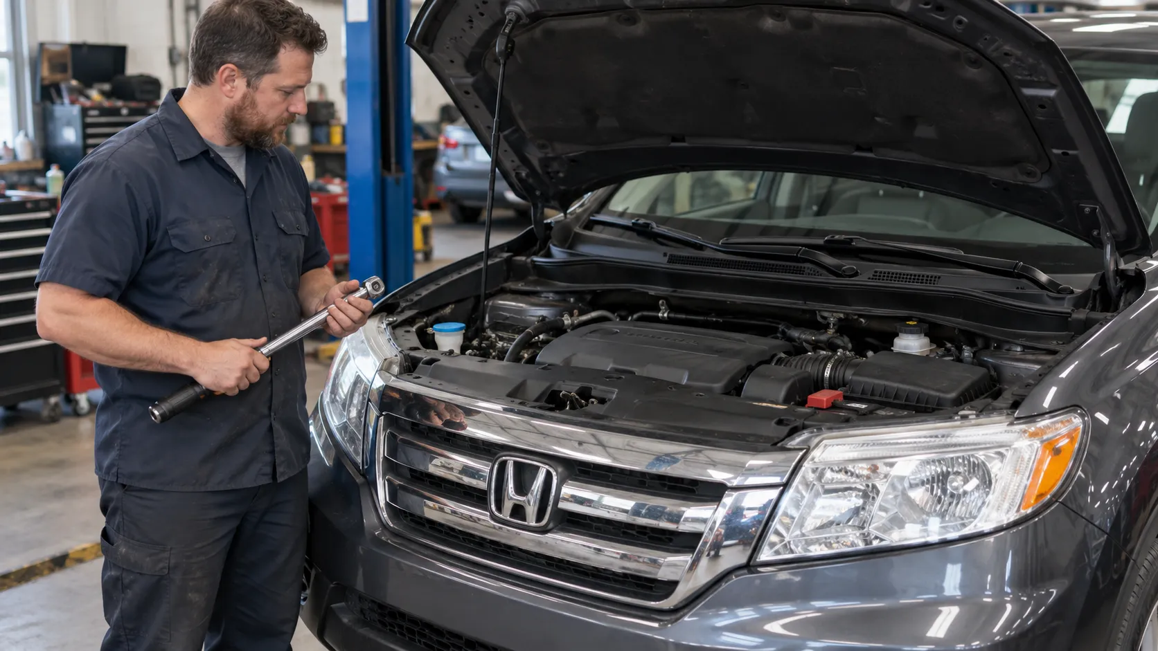 Механик с инструментом возле открытого капота Honda Pilot