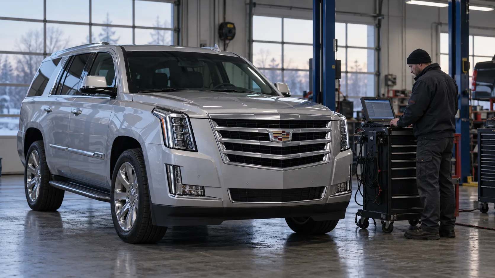 Серебристый Cadillac Escalade четвёртого поколения и механик у диагностического оборудования