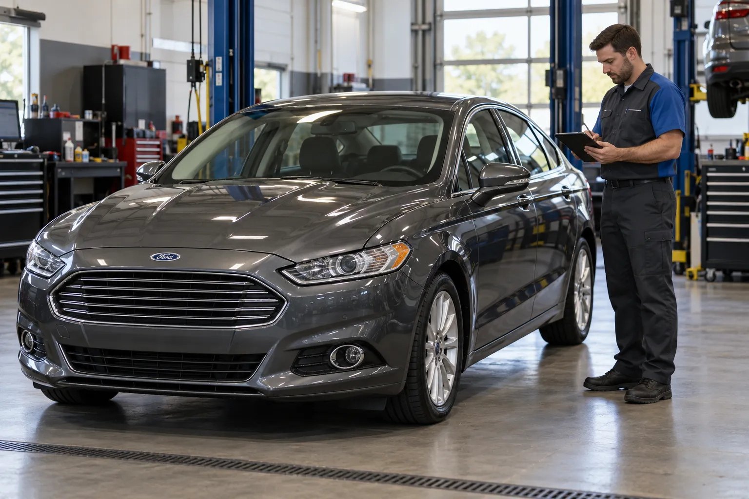Мастер с планшетом рядом с Ford в сервисном боксе