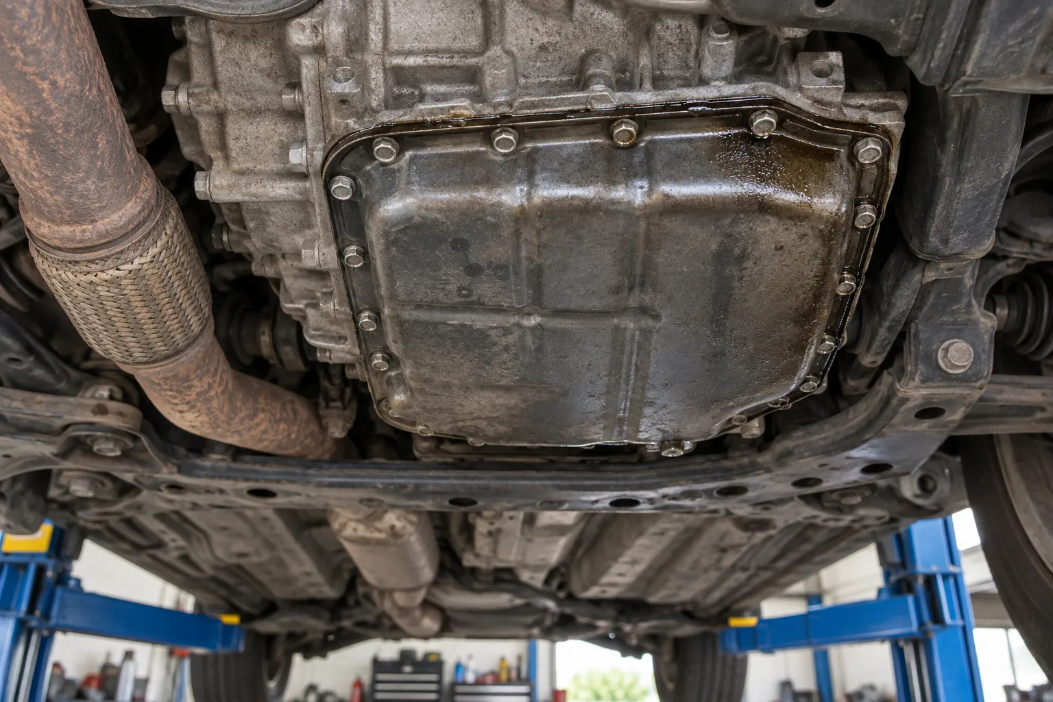 Нижняя часть автоматической коробки с поддоном при осмотре на подъёмнике