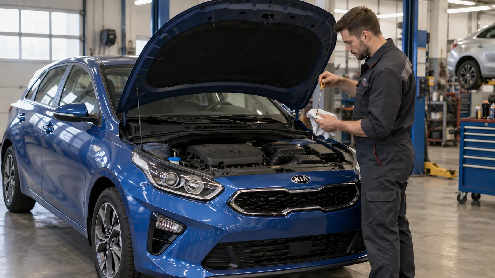 Проверка моторного масла по щупу на Kia Ceed CD в мастерской
