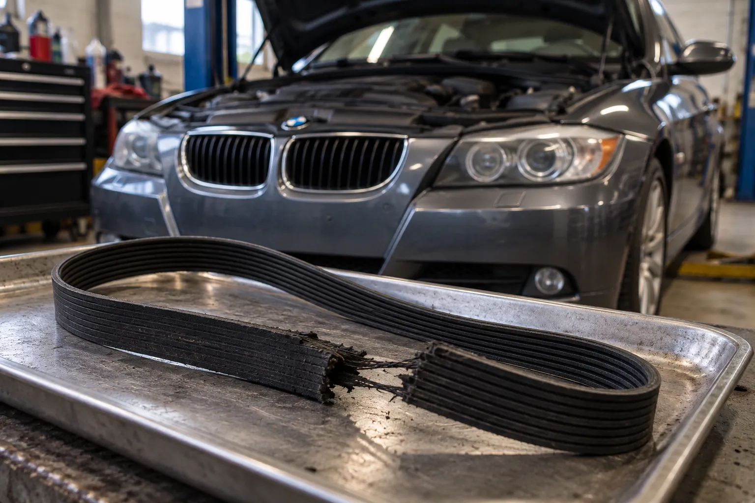 Повреждённый приводной ремень на подносе возле BMW E90