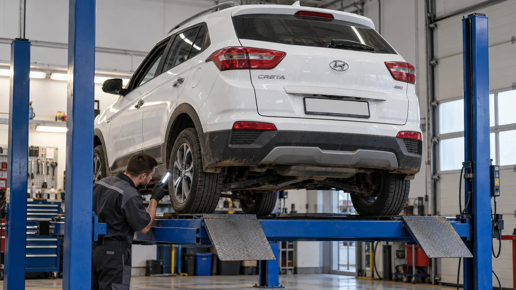 Hyundai Creta первого поколения на платформенном подъёмнике при осмотре после воды