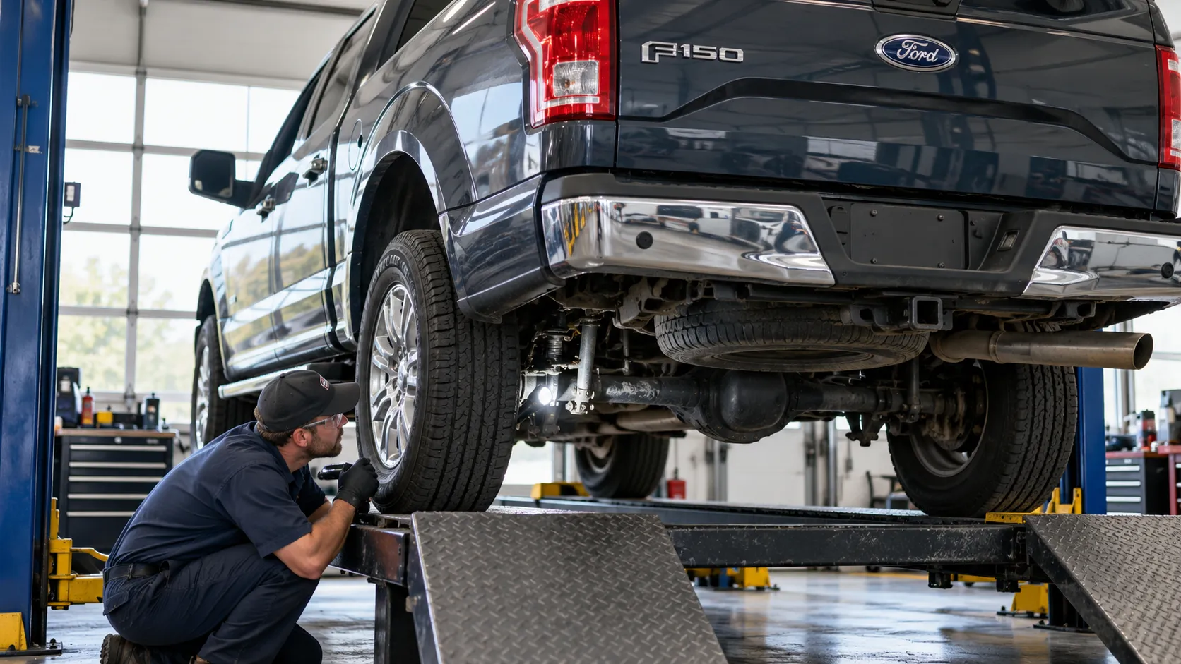 Осмотр задней оси Ford F-150 на платформе подъёмника