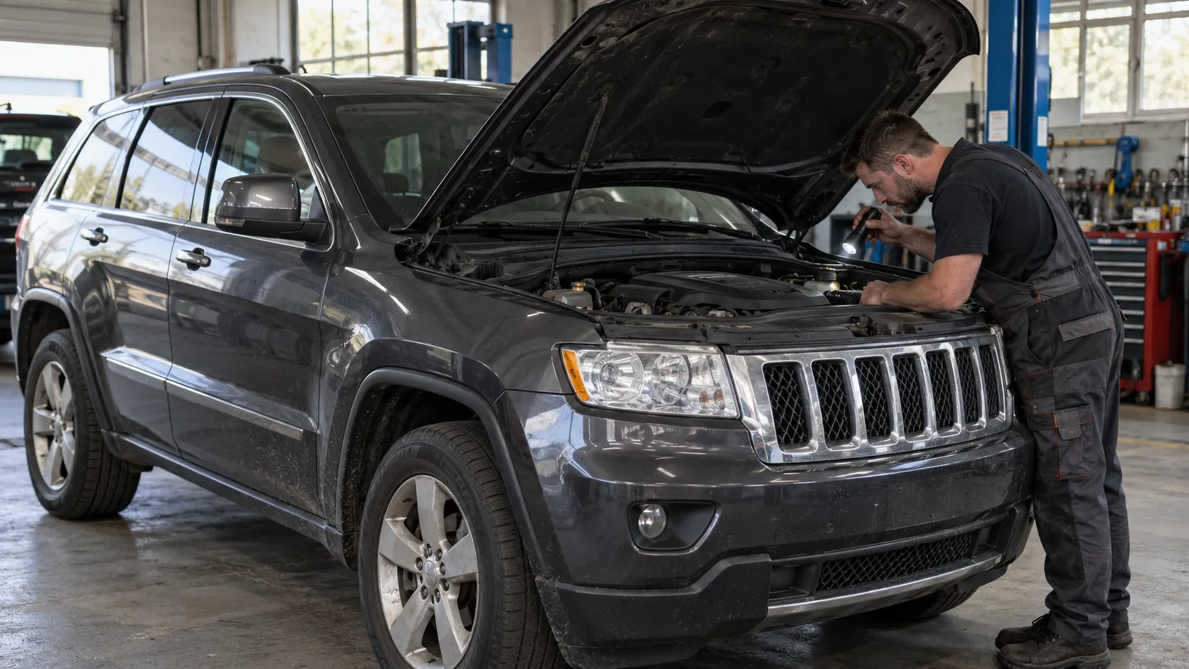 Мастер осматривает подкапотное пространство раннего Jeep Grand Cherokee WK2 с фонарём