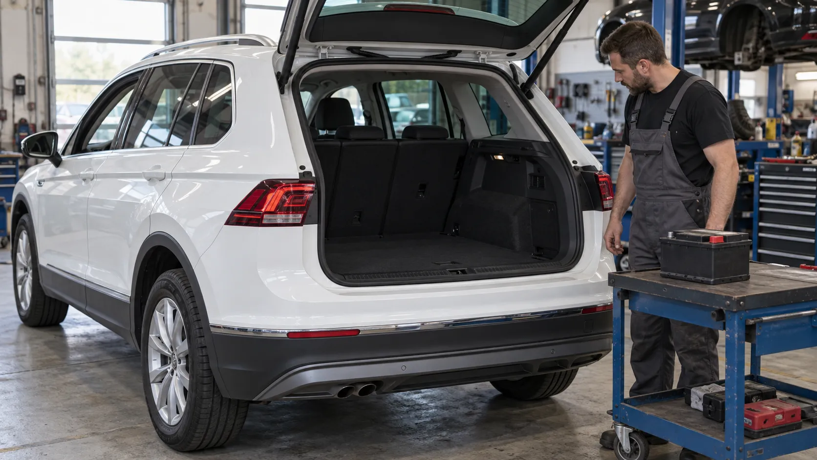 Открытый багажник Volkswagen Tiguan II и аккумулятор на сервисной тележке