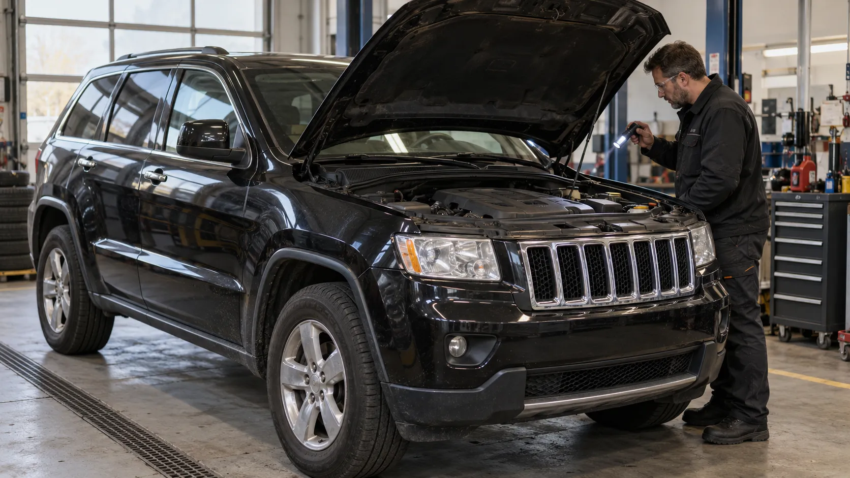 Визуальный осмотр подкапотного пространства Jeep Grand Cherokee WK2 в сервисе
