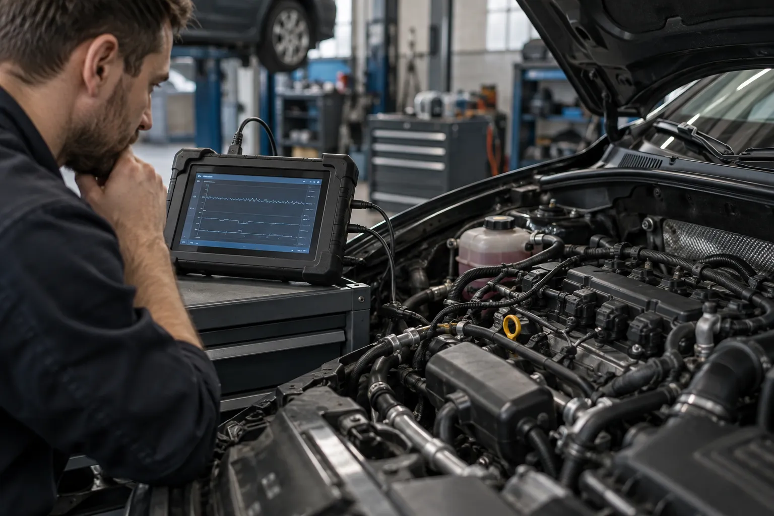 Диагностический прибор рядом с работающим автомобильным двигателем
