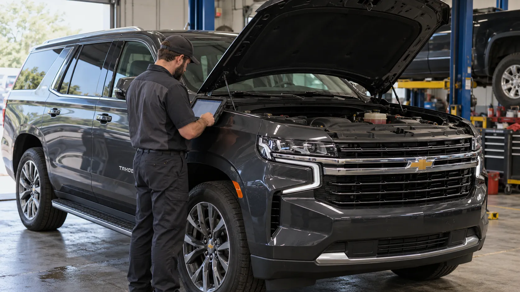Мастер с диагностическим планшетом у открытого капота Chevrolet Tahoe пятого поколения