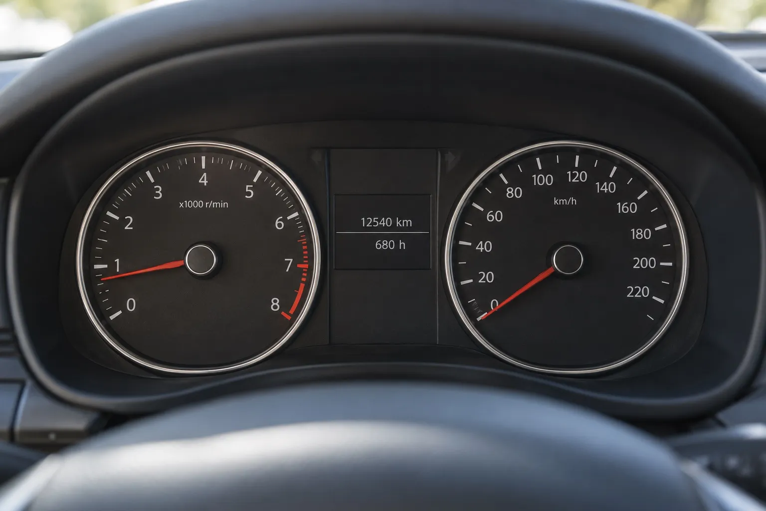 Приборная панель автомобиля с одометром и дисплеем времени работы двигателя, крупный план на стоянке