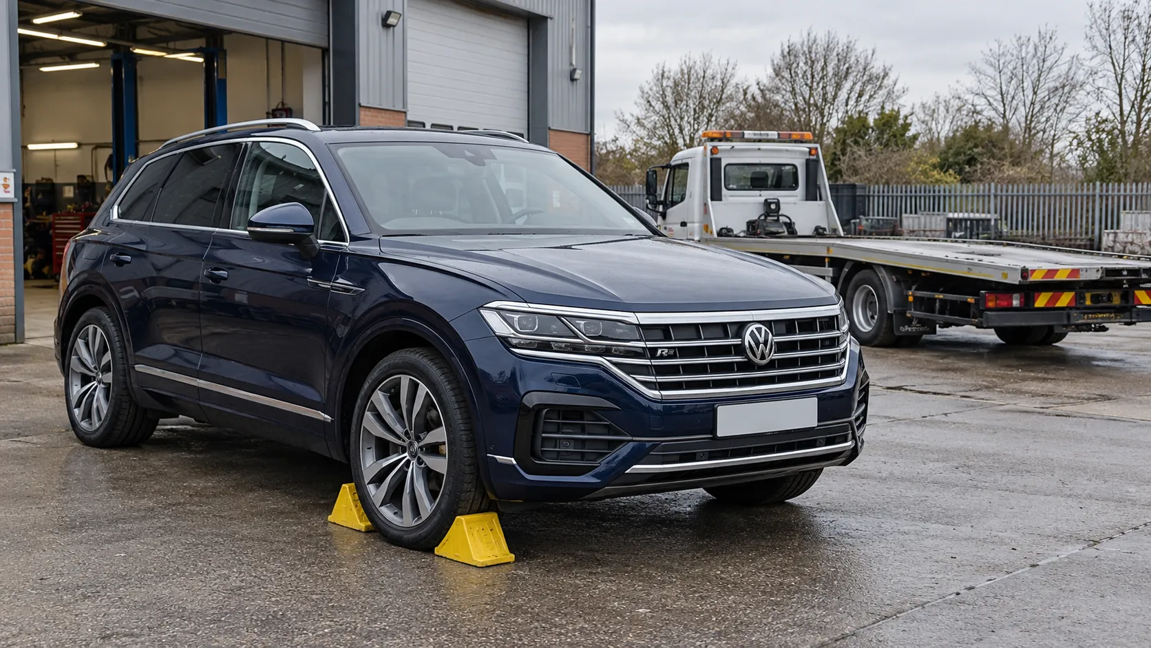 Volkswagen Touareg III с противооткатными упорами у переднего колеса на площадке сервиса рядом с эвакуатором