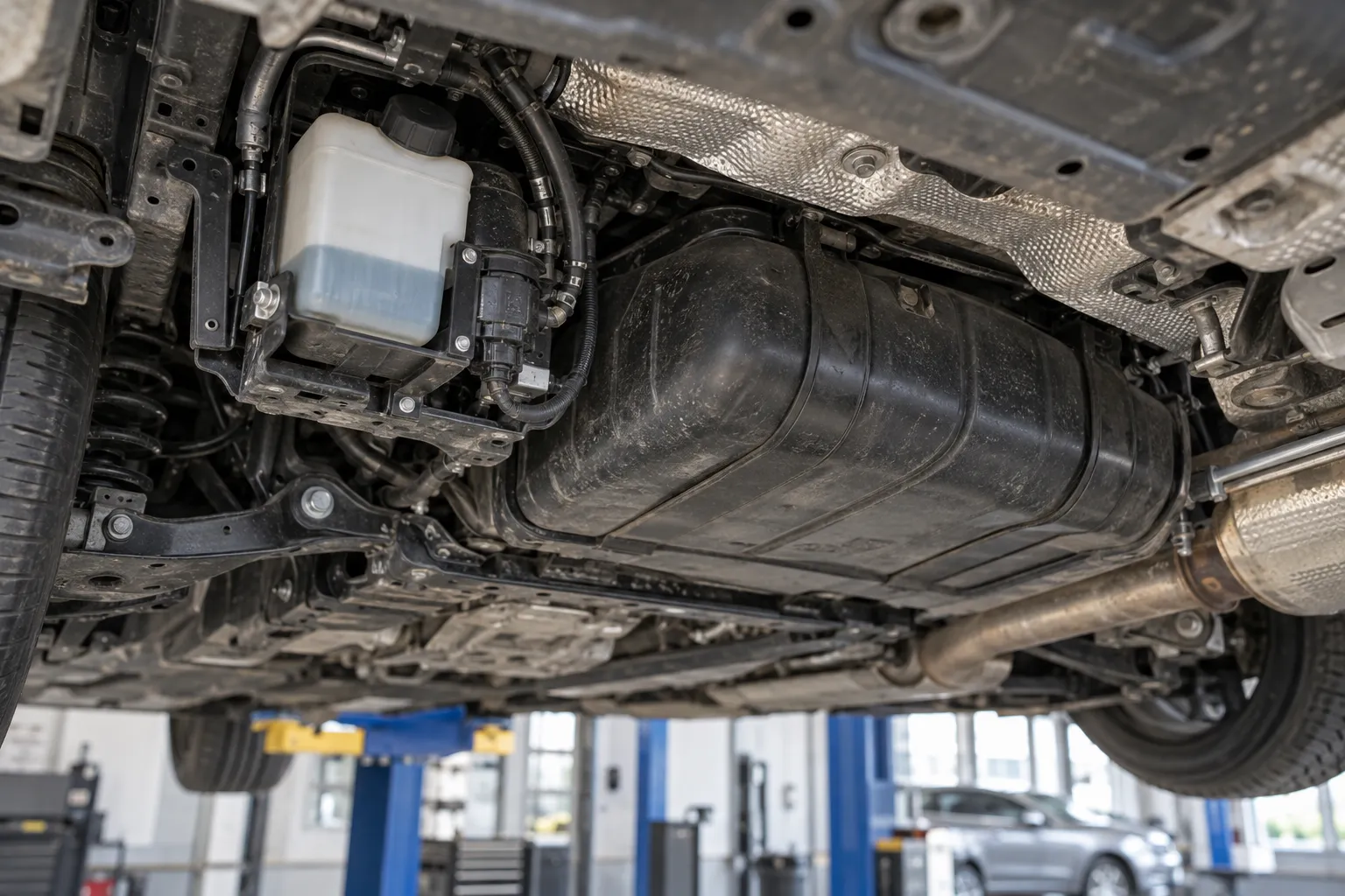 Отдельный бачок присадки FAP под автомобилем рядом с выпуском