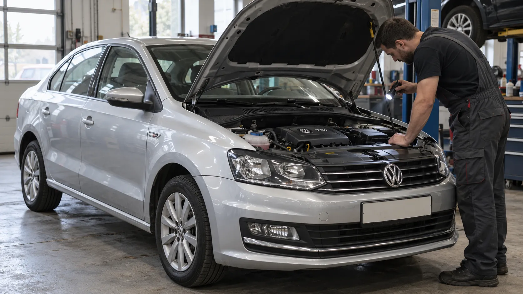 Volkswagen Polo 1.4 TSI на сервисном посту при проверке впускного коллектора