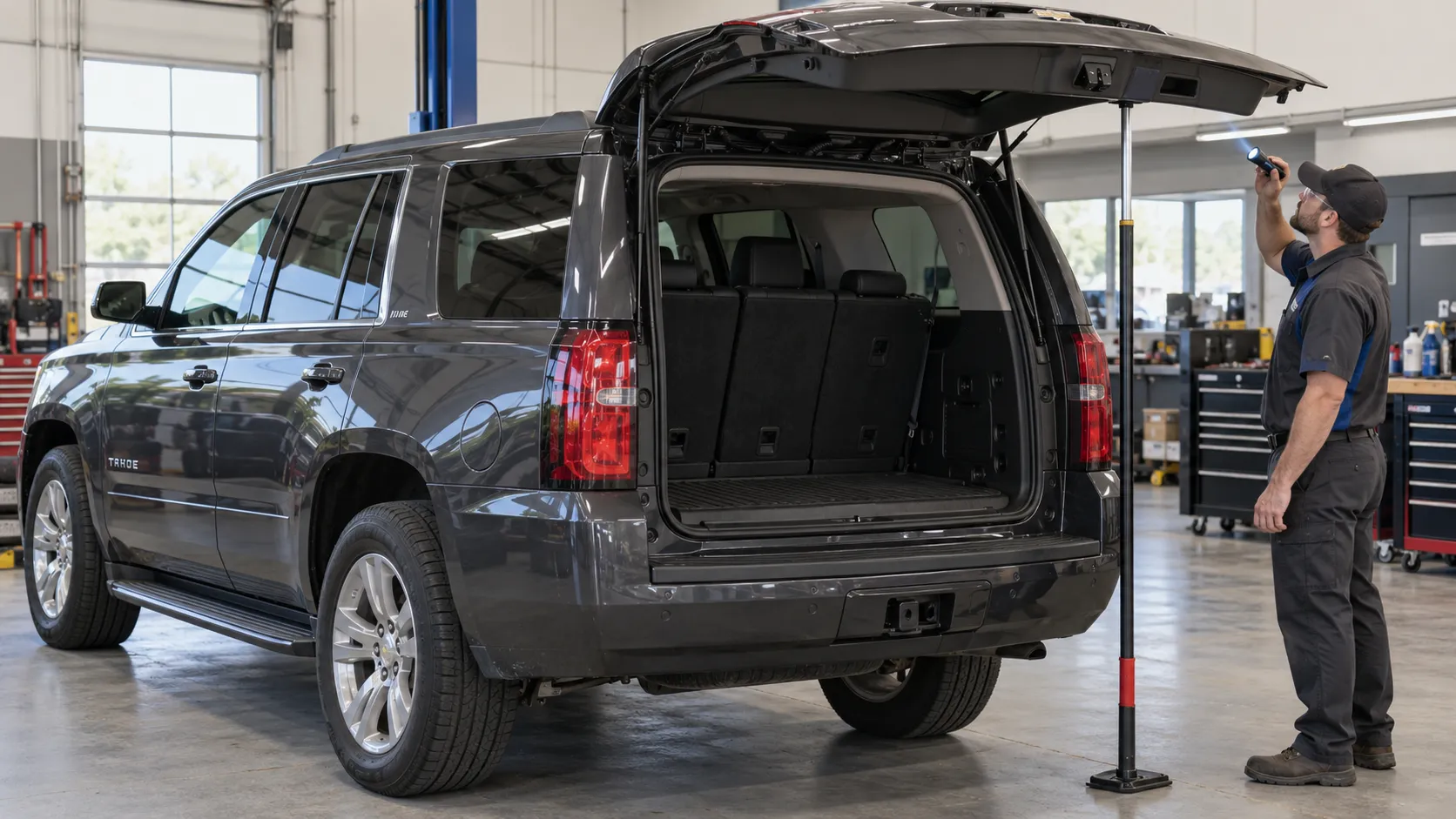 Механик осматривает открытую дверь багажника Chevrolet Tahoe, закреплённую сервисной опорой