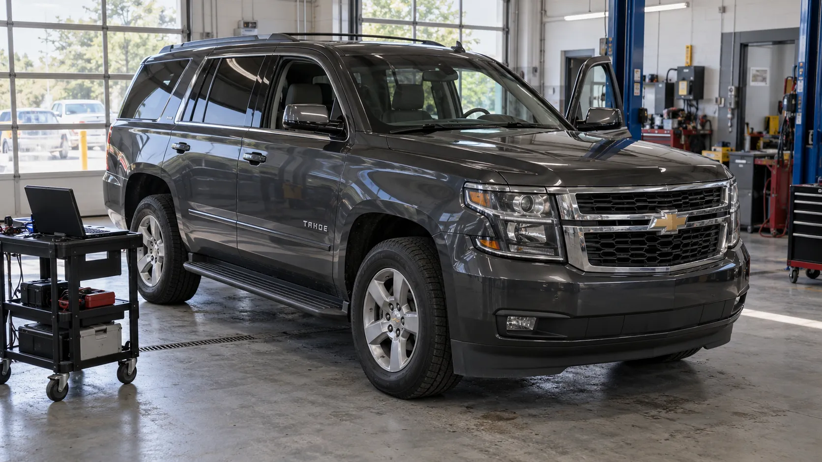 Chevrolet Tahoe четвёртого поколения рядом с диагностическим оборудованием