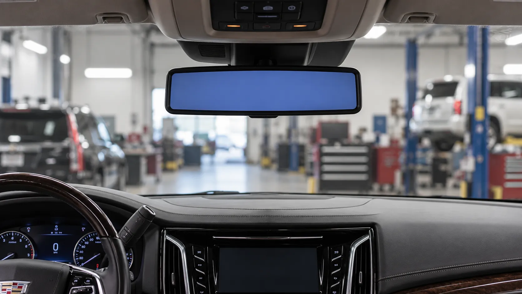 Синий экран цифрового салонного зеркала Cadillac Escalade четвёртого поколения