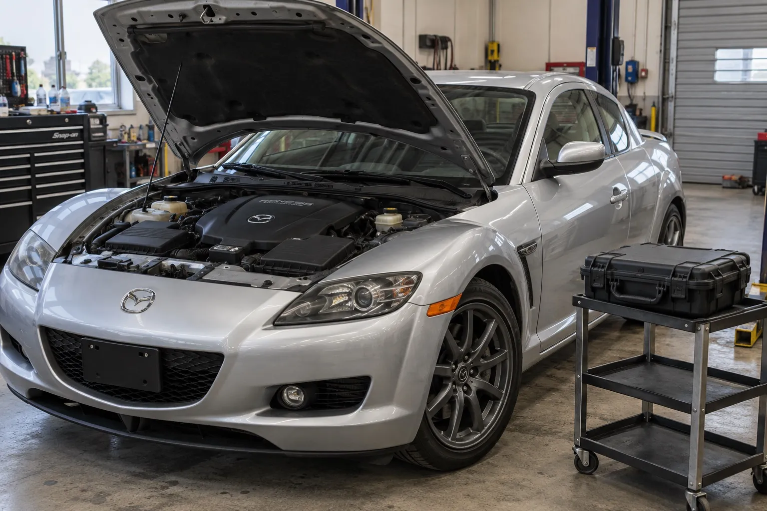 Автомобиль Mazda RX-8 с открытым капотом перед проверкой роторного двигателя