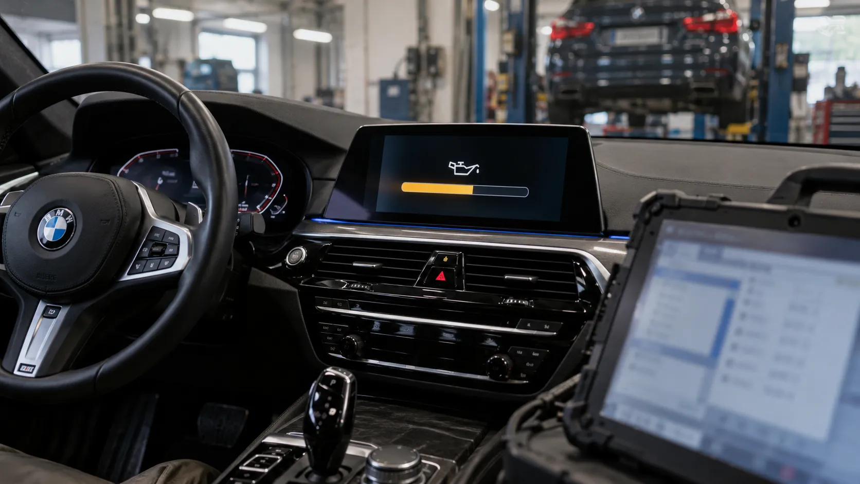 Электронная индикация масла и диагностический планшет в салоне BMW