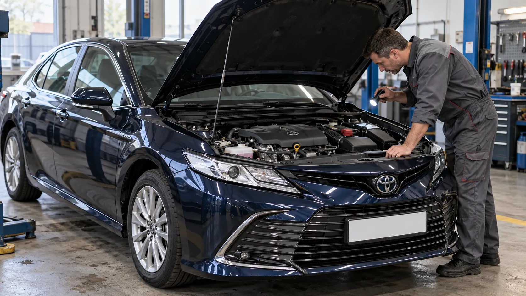 Механик осматривает подкапотное пространство Toyota Camry XV70 с фонарём