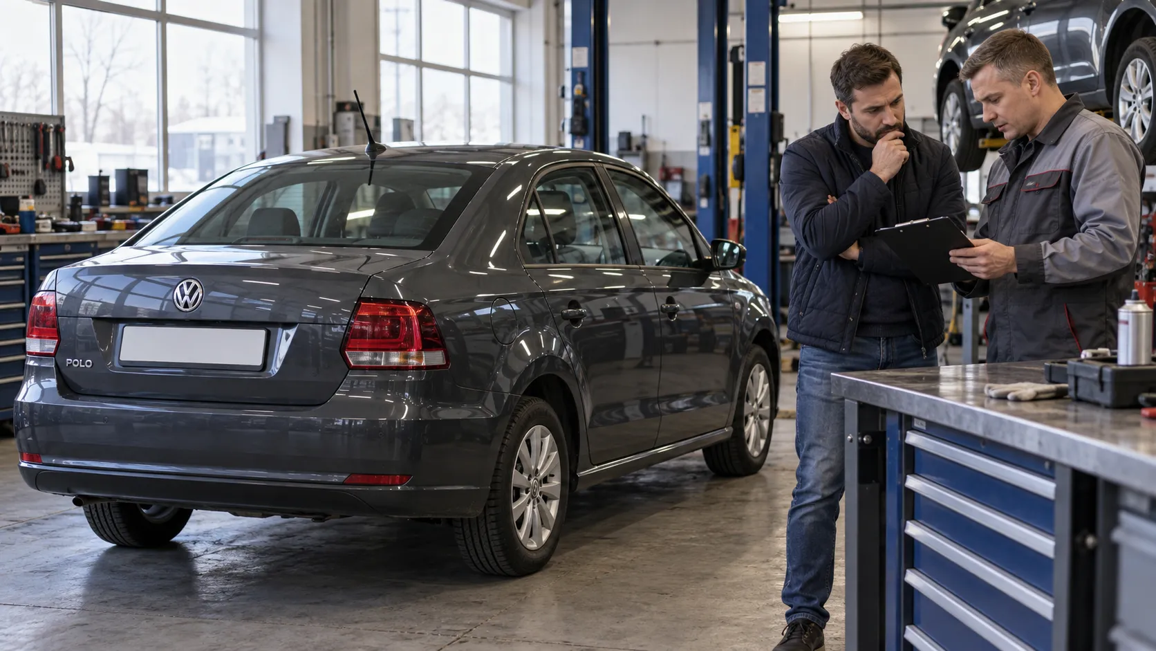Владелец и механик обсуждают ремонт двигателя Volkswagen Polo седан