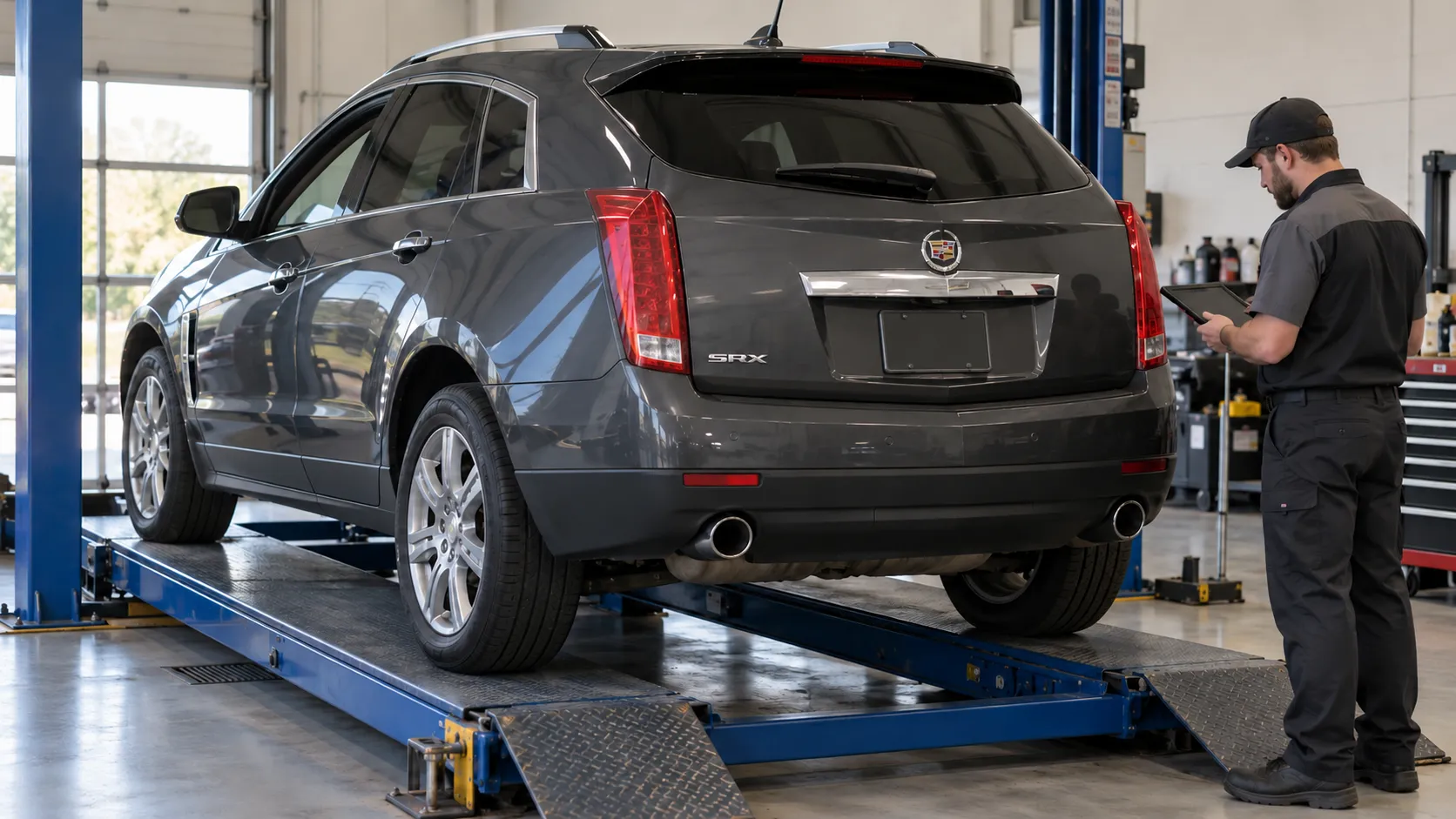Cadillac SRX второго поколения на платформе перед диагностикой заднего привода