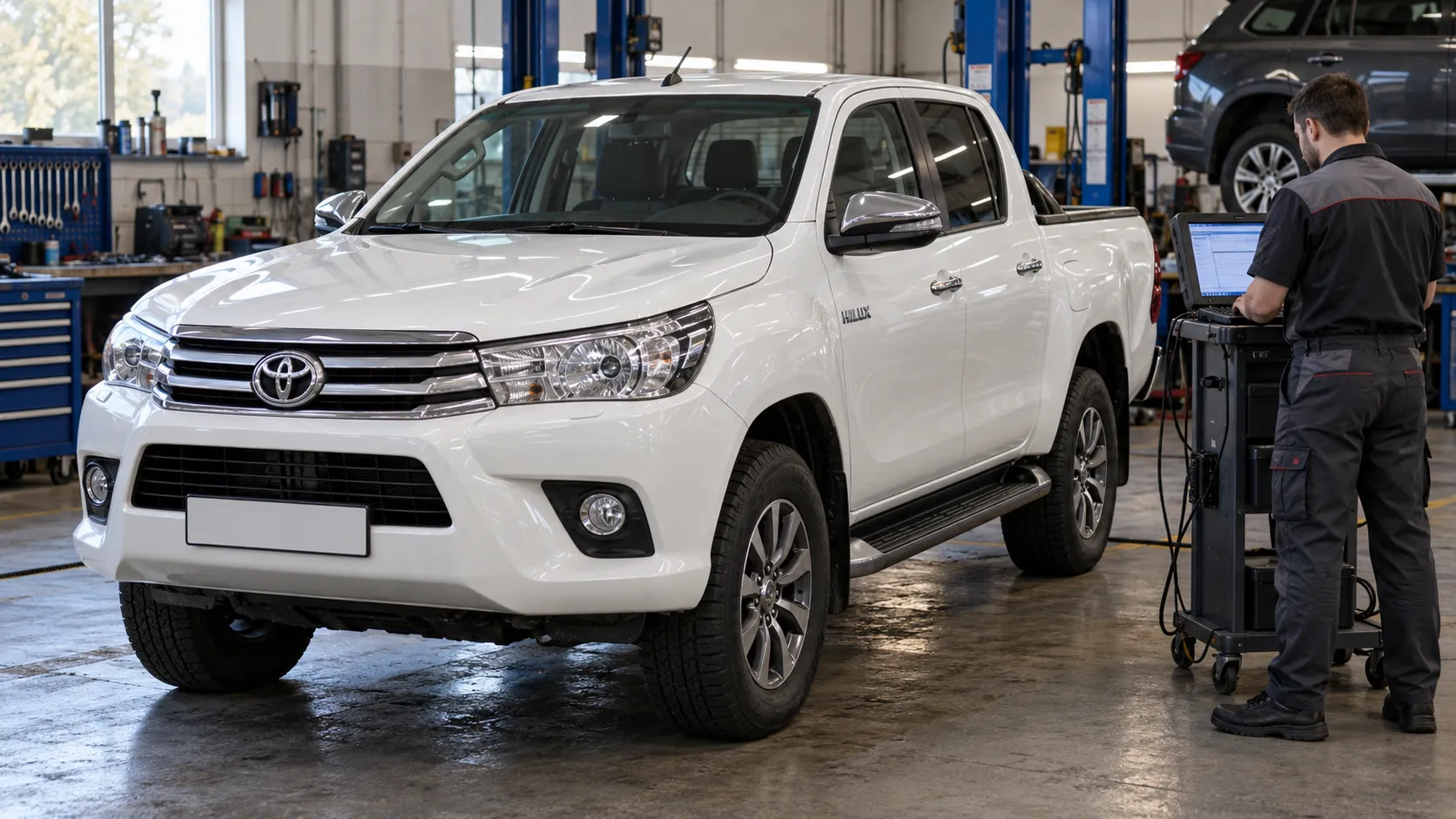 Механик у диагностического оборудования рядом с Toyota Hilux VIII