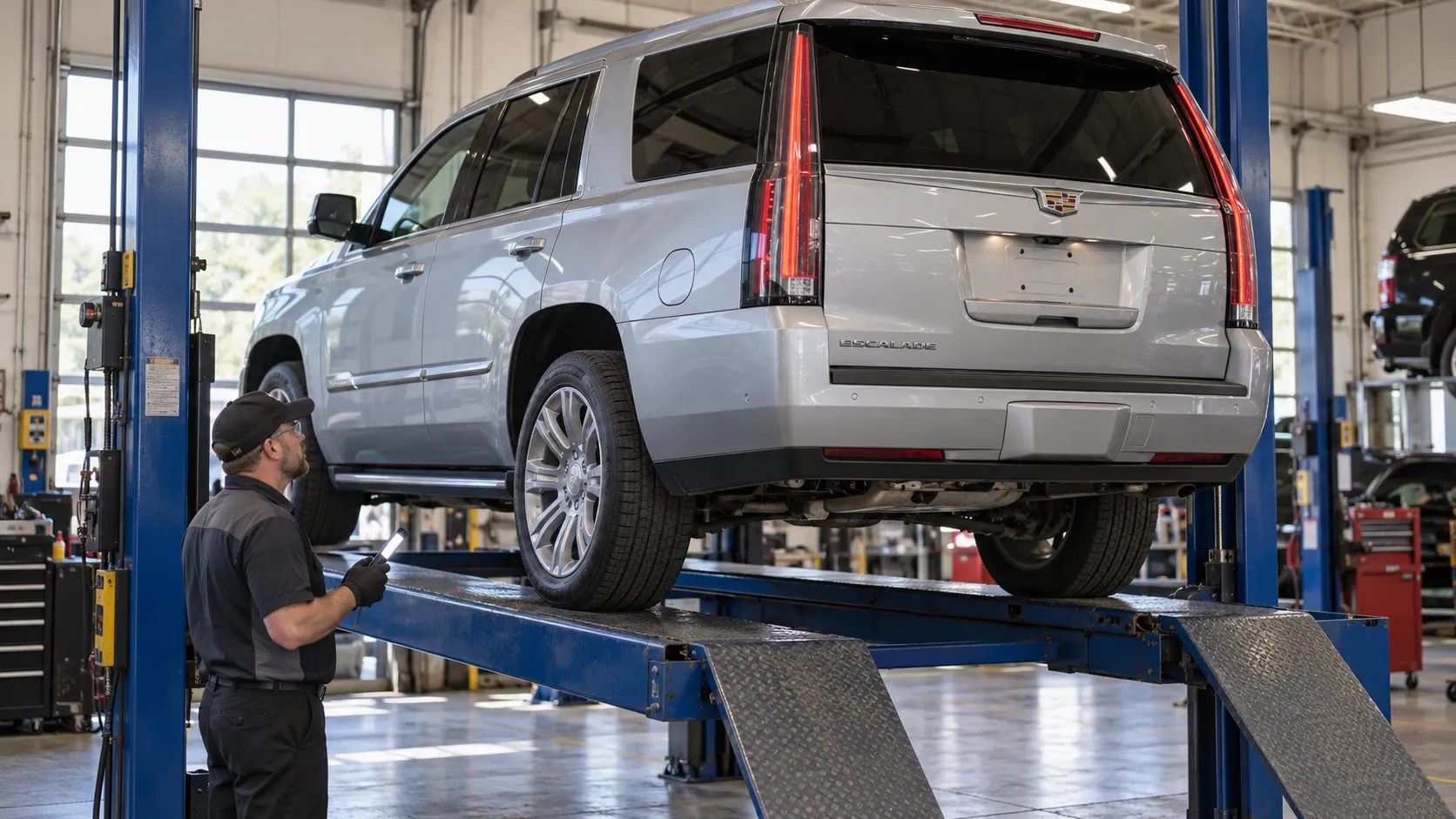 Cadillac Escalade четвёртого поколения на платформенном подъёмнике при осмотре задней части