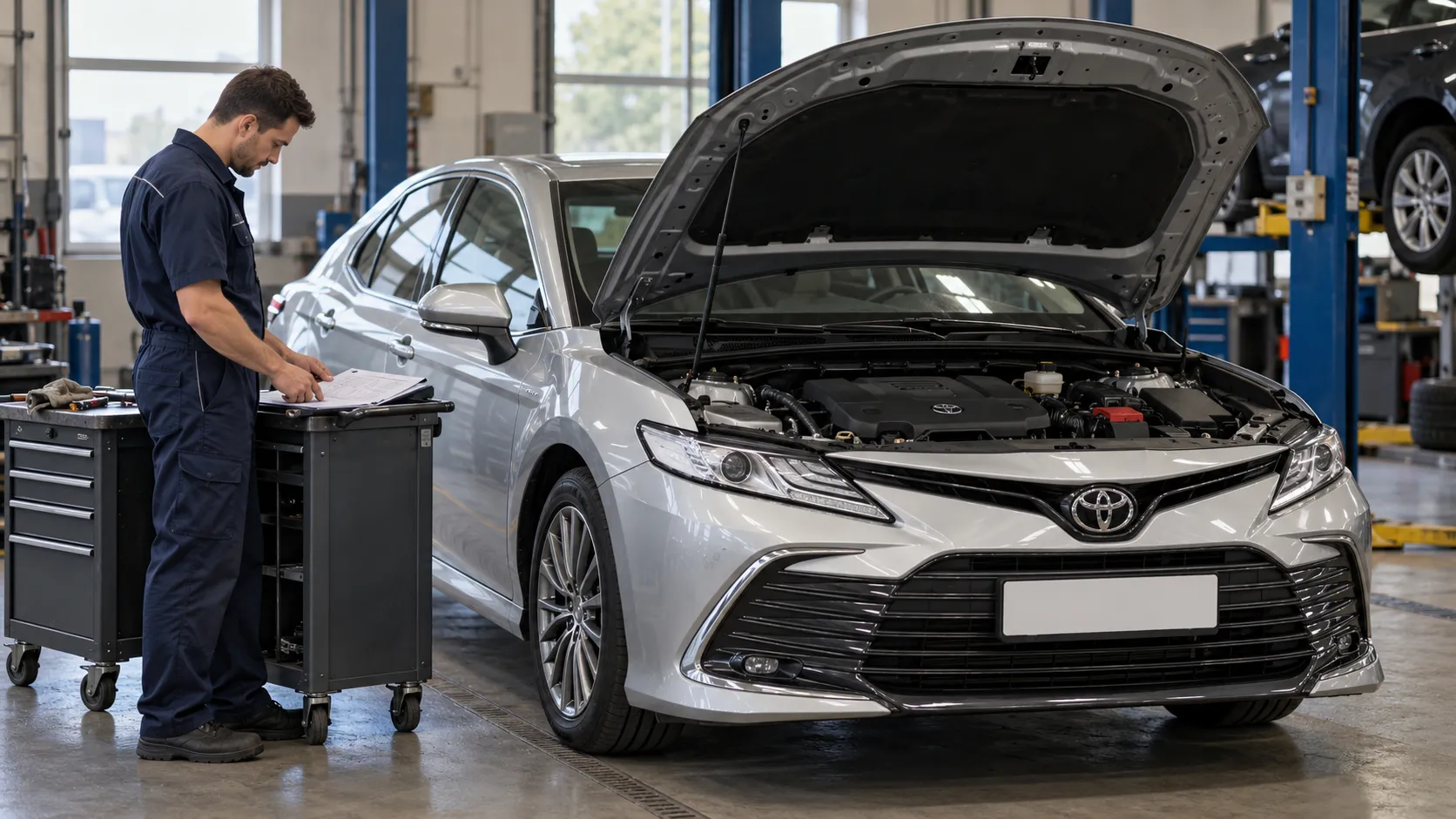 Механик сверяет документацию перед осмотром двигателя Toyota Camry XV70