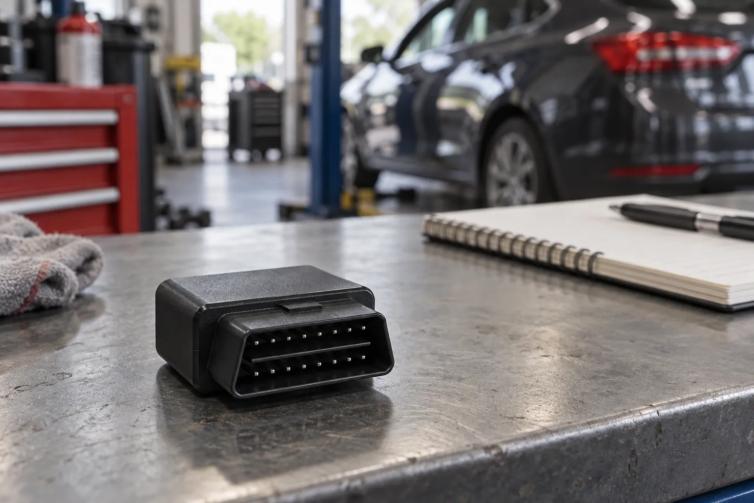 Небольшой электронный адаптер с разъёмом OBD на рабочем столе