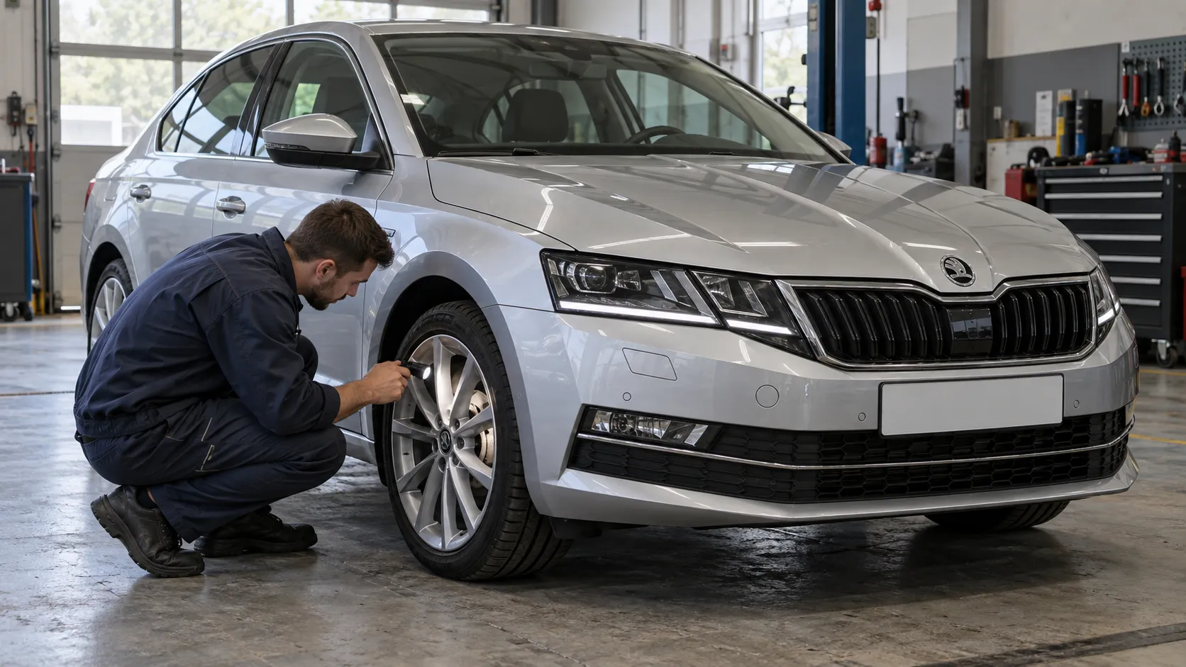Предварительный осмотр тормозов Skoda Octavia A7 через колесо