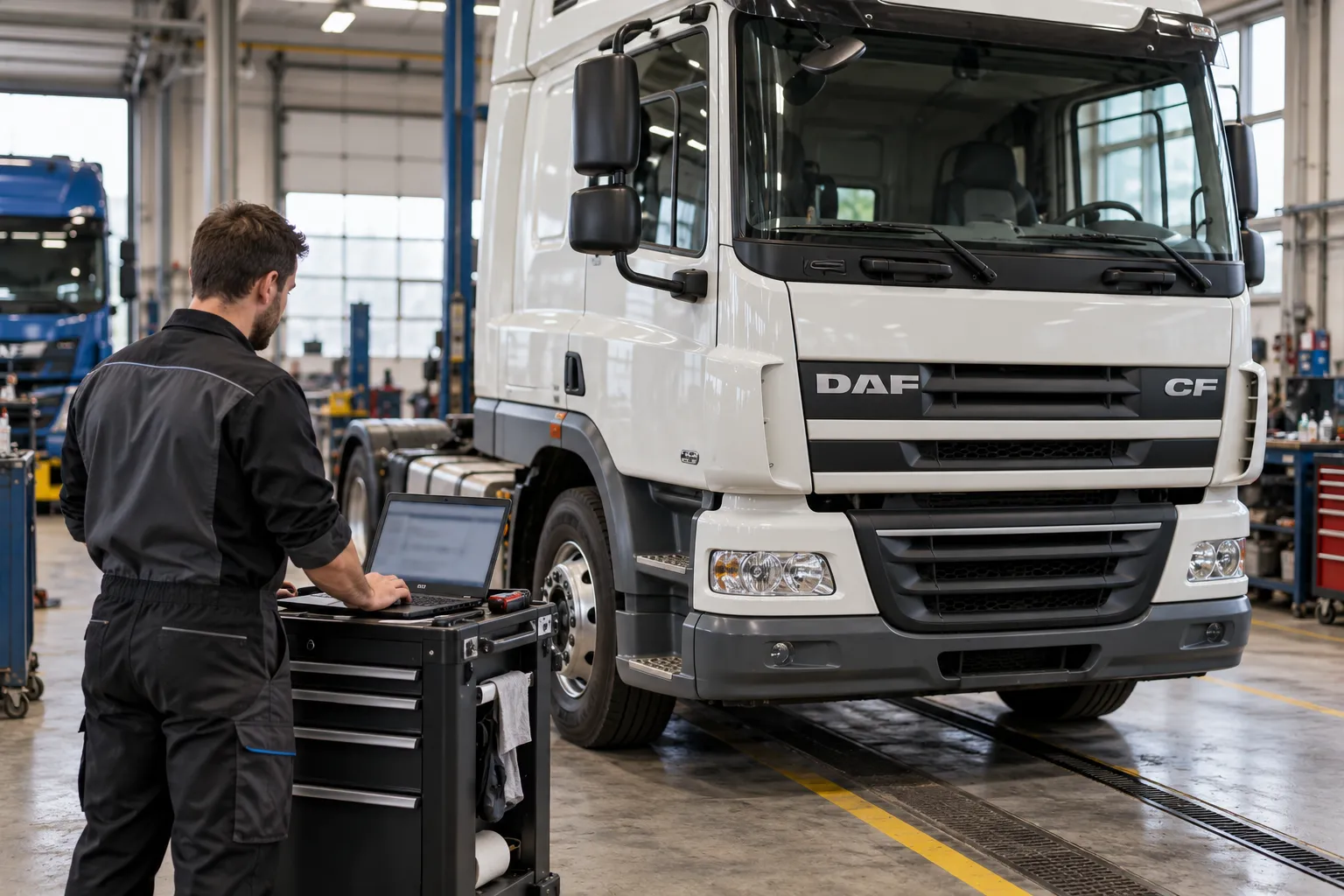 Специалист с диагностическим ноутбуком рядом с грузовиком DAF CF в мастерской