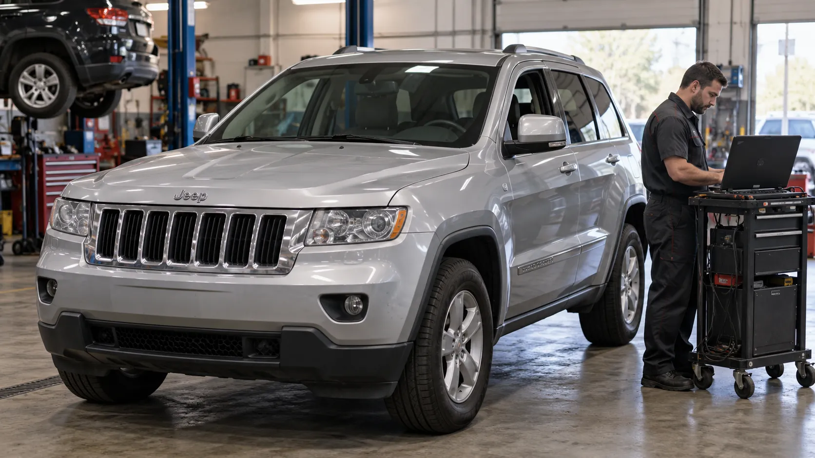 Диагност с сервисным компьютером рядом с Jeep Grand Cherokee WK2 в мастерской