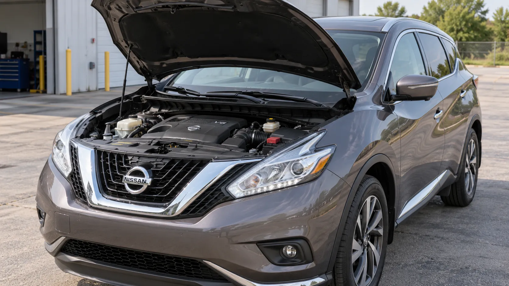 Nissan Murano с открытым капотом на открытой площадке