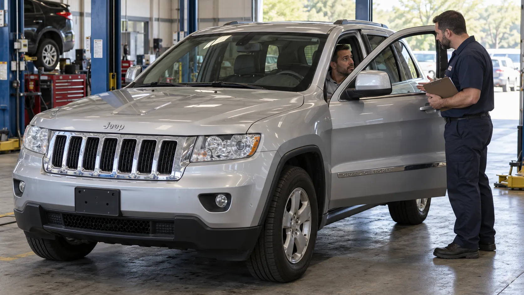 Владелец раннего Jeep Grand Cherokee WK2 обсуждает стук в руле с мастером в сервисе