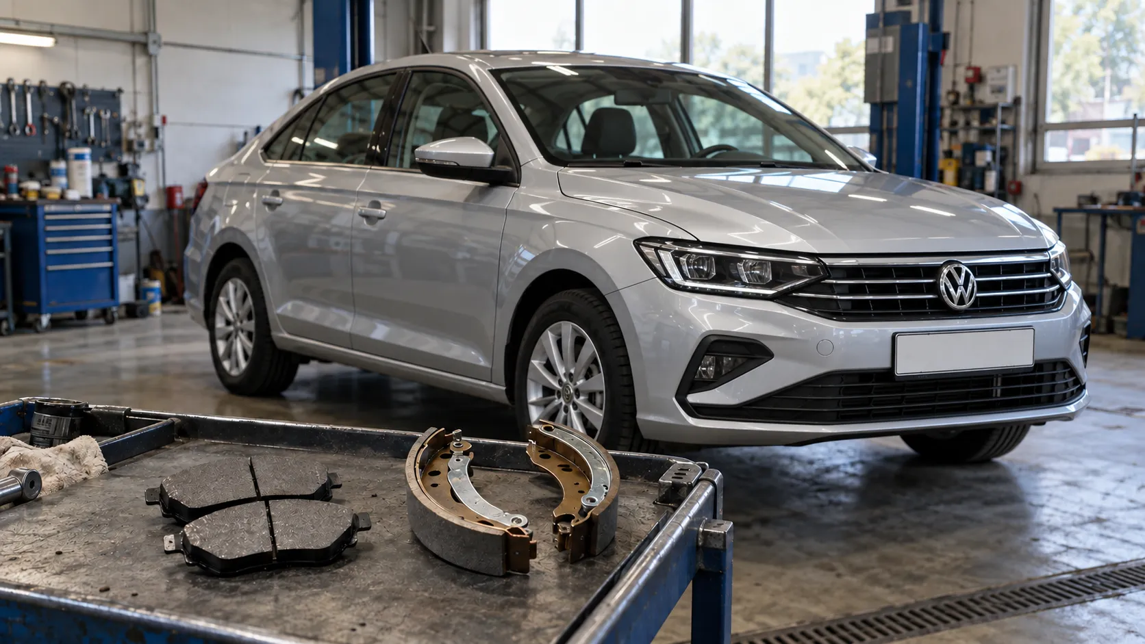 Volkswagen Polo лифтбек в мастерской рядом с дисковыми и барабанными тормозными колодками