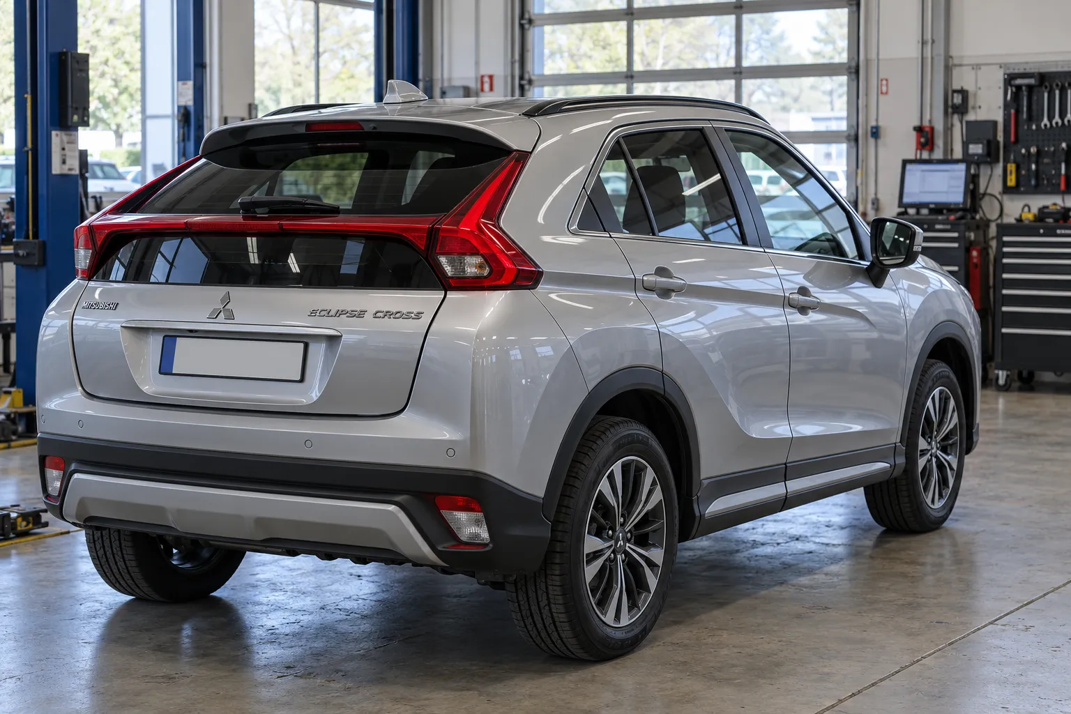 Mitsubishi Eclipse Cross в сервисном боксе, вид сзади сбоку