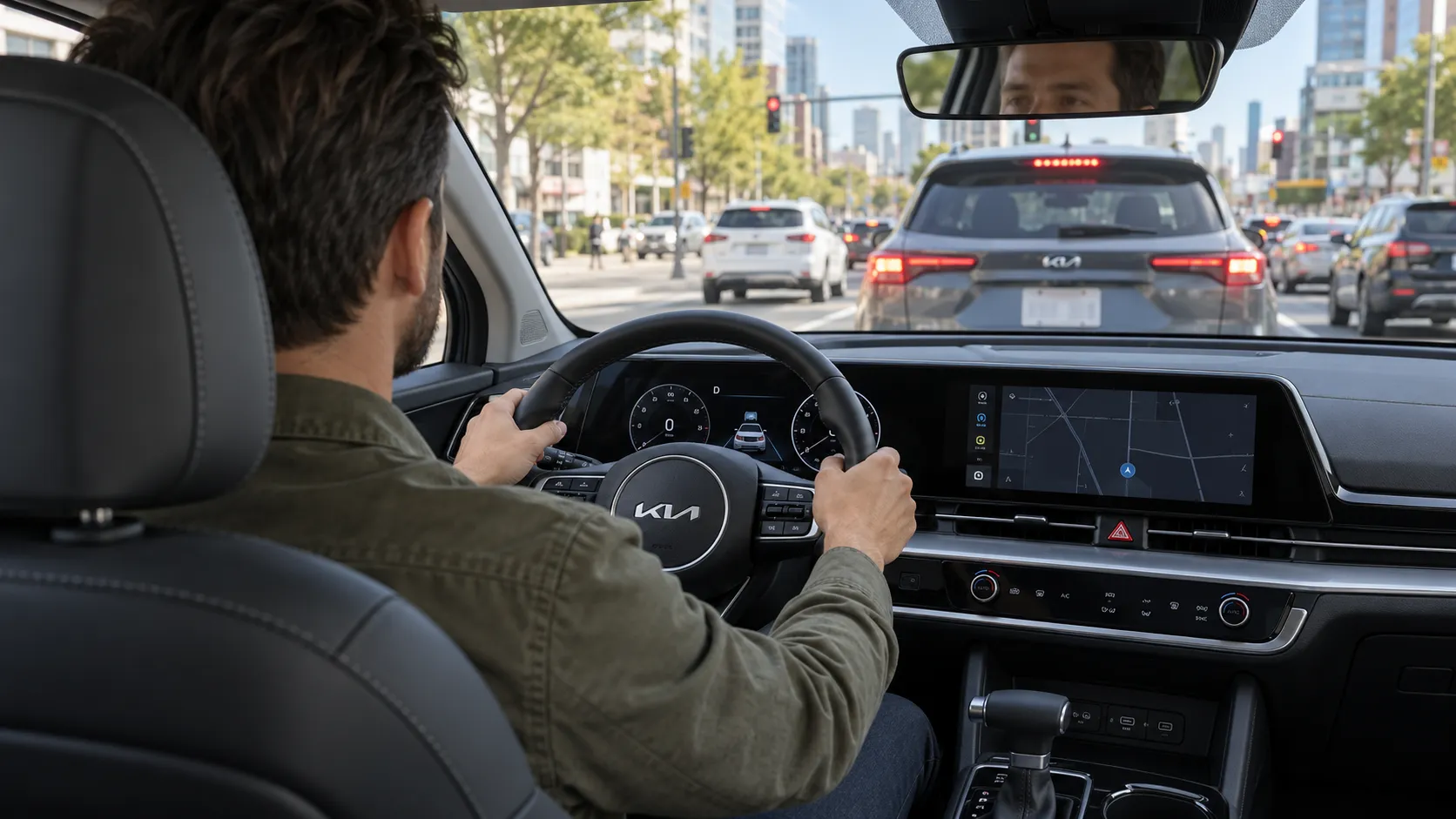 Водитель Kia Sportage за рулём остановившегося в потоке автомобиля