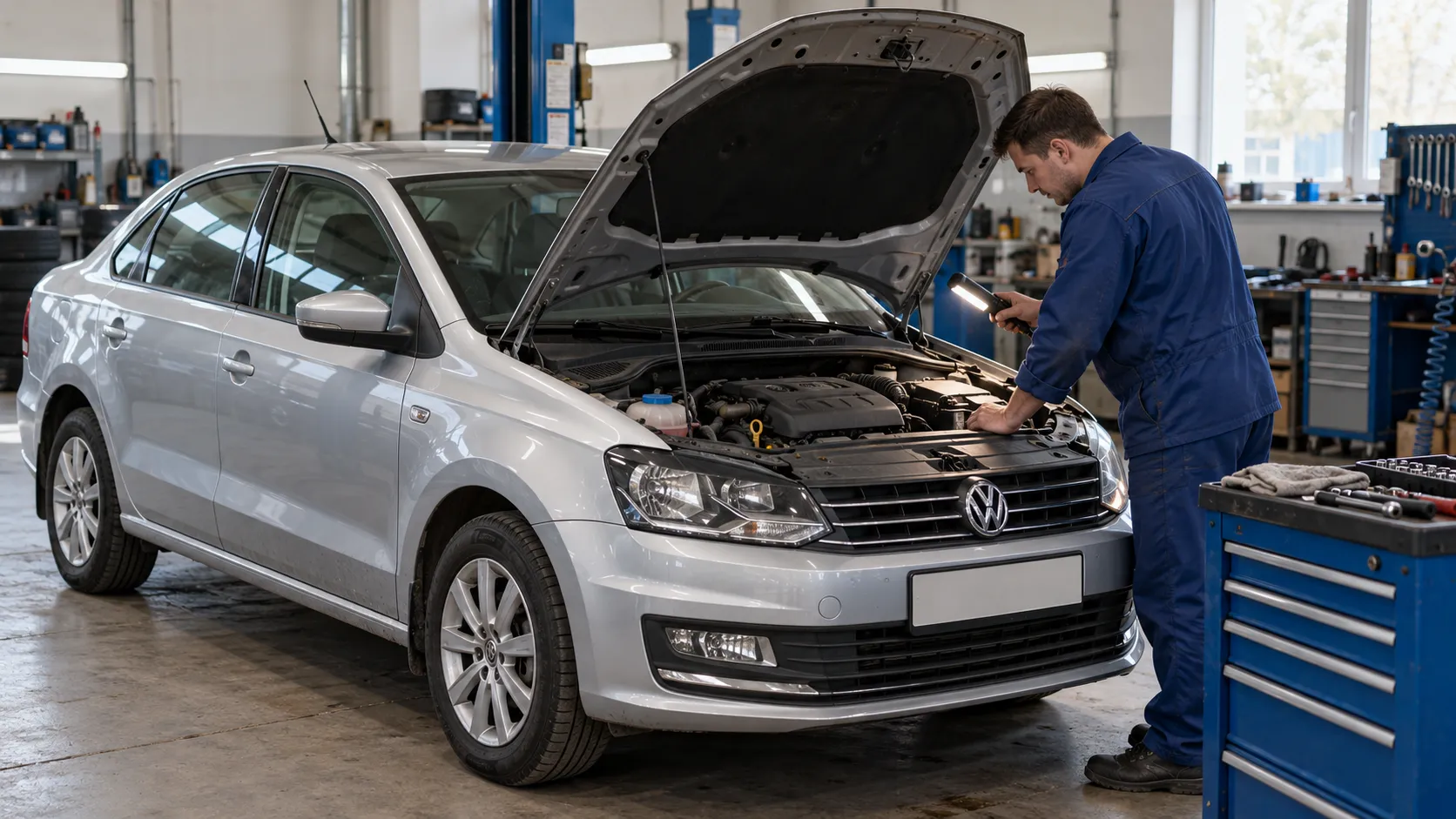 Volkswagen Polo седан в мастерской при подготовке к замене водяного насоса
