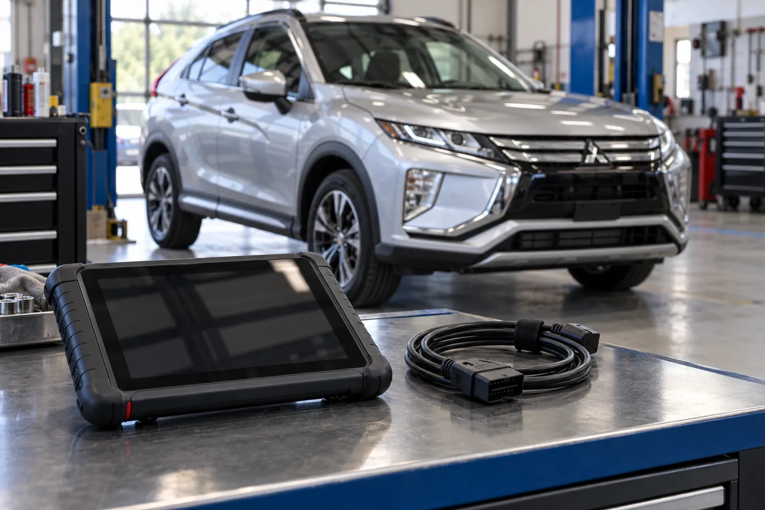 Диагностический планшет на фоне Mitsubishi Eclipse Cross