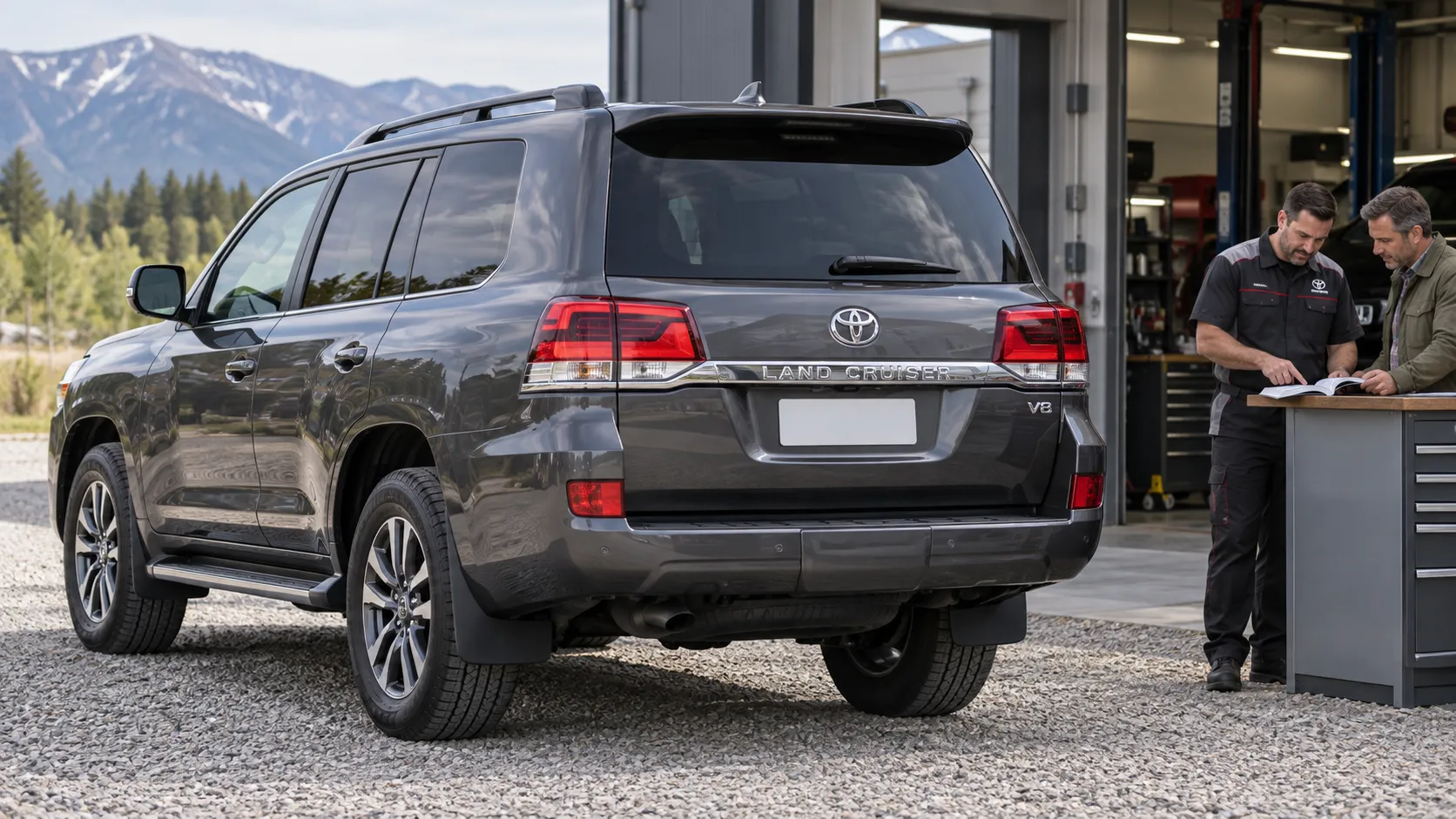 Владелец и механик изучают руководство рядом с Toyota Land Cruiser 200
