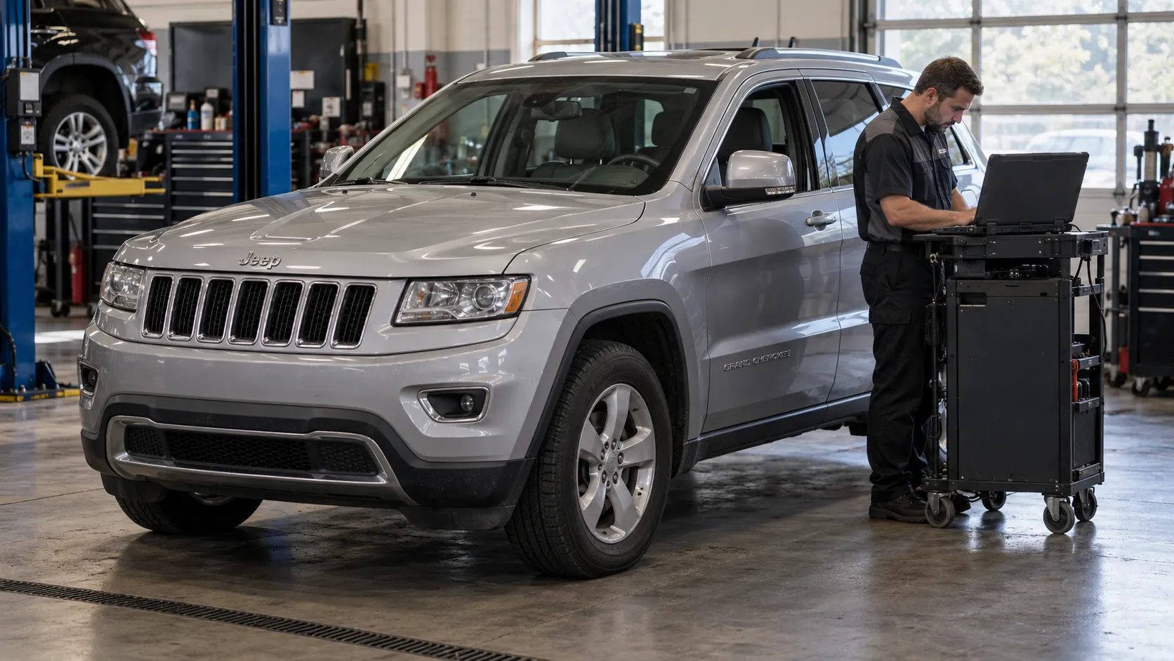Мастер проверяет диагностические данные Jeep Grand Cherokee WK2