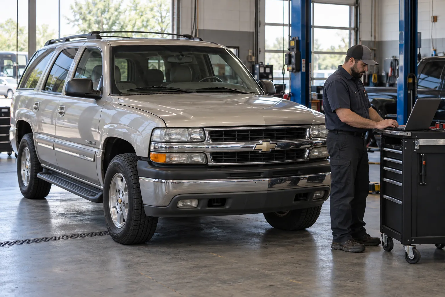 Chevrolet Tahoe в мастерской и специалист с диагностическим ноутбуком