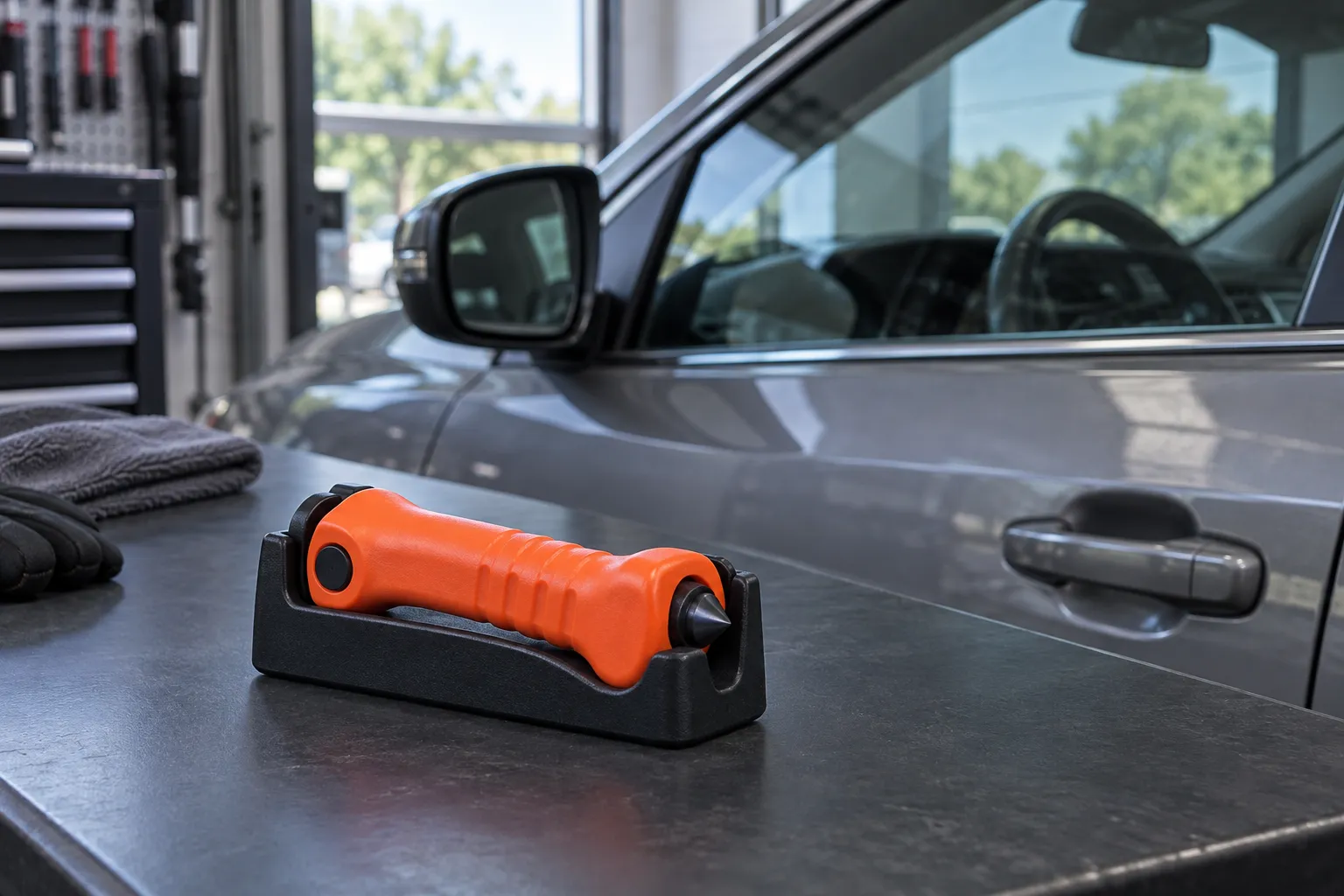 Компактный аварийный стеклобой в защитном держателе на фоне целого бокового окна автомобиля